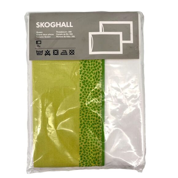 Ikea Skoghall Green Leaves Patter Pillowcase Queen Set Of Two 002.120.83 - Picture 1 of 5